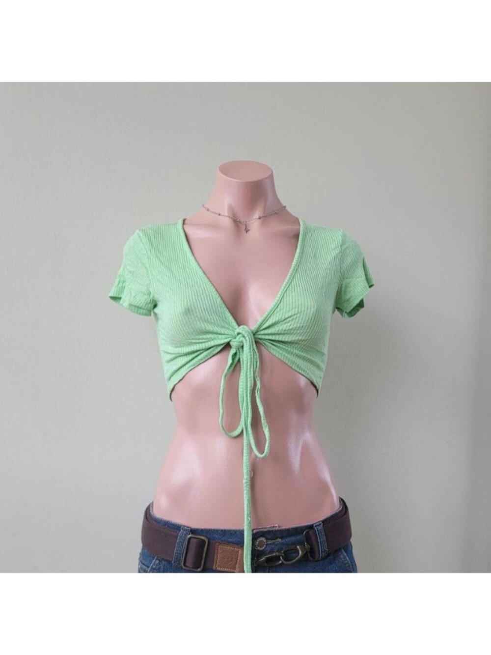 Fluorescent Slime Green Front Wrap Knot Plunging V-Neck Crop Tee (One Size)